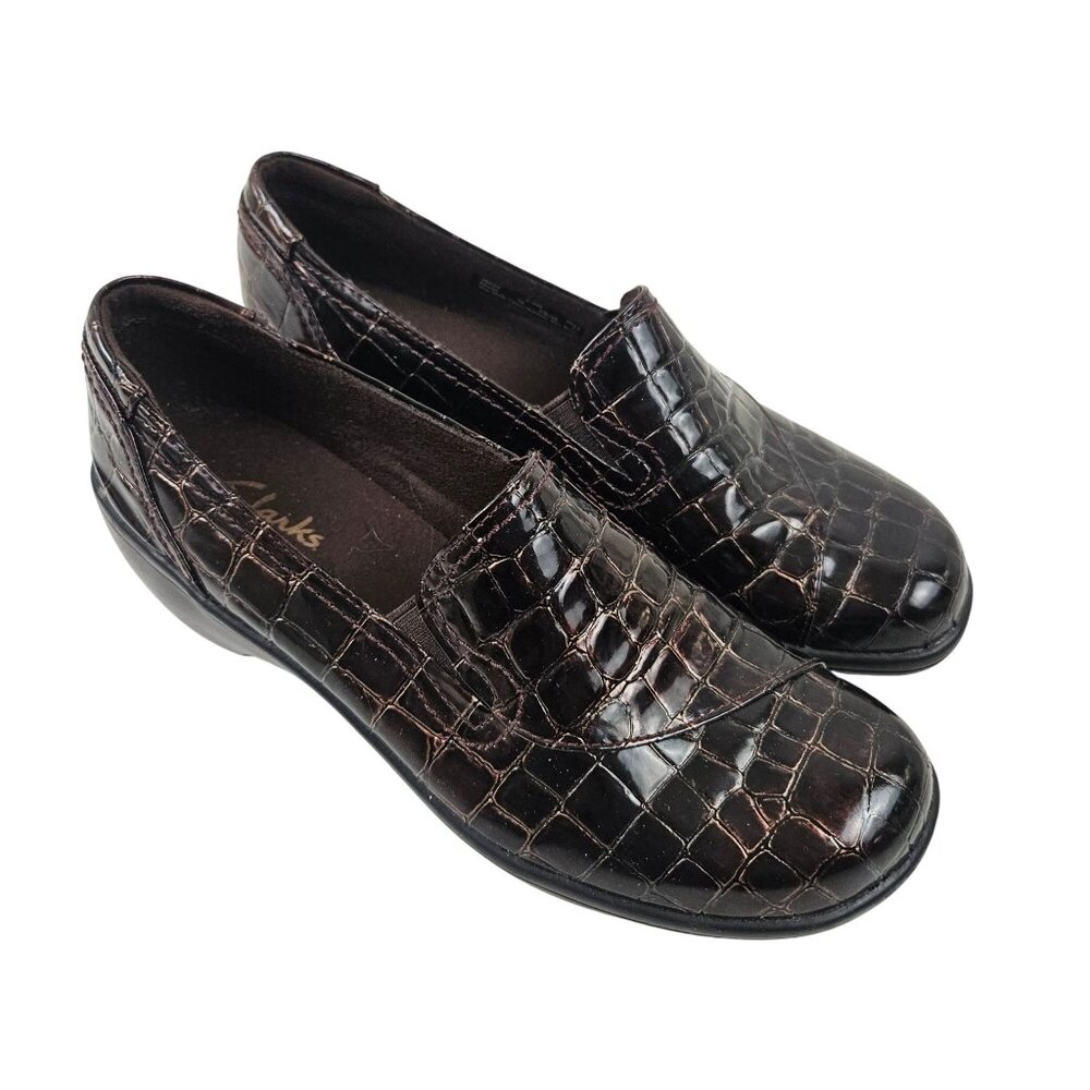 Clarks Bendables Womens Size 6.5 Croc Embossed Leather Comfort Slip On Shoes